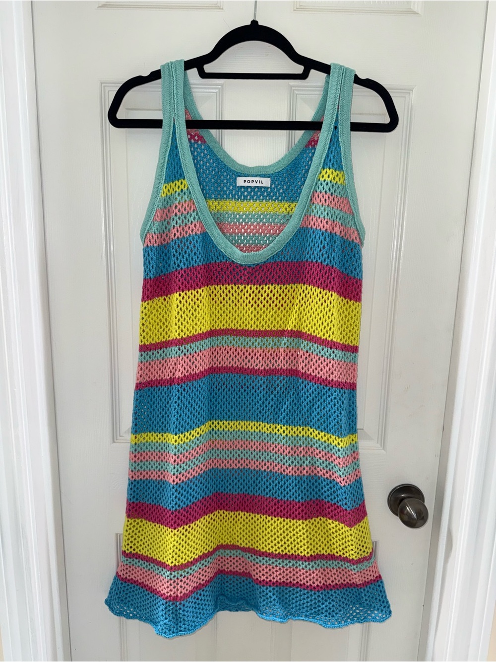 POPVIL Multicolor Striped Mesh Coverup Dress - Turquoise, Yellow, Pink